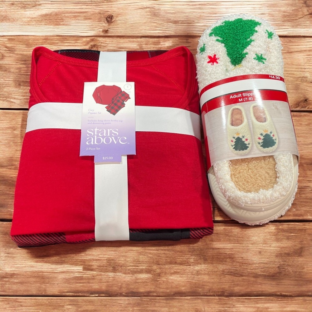 Stars Above Red Buffalo Plaid Pajama‎ Set & Holiday Slippers Cozy Winter Bundle